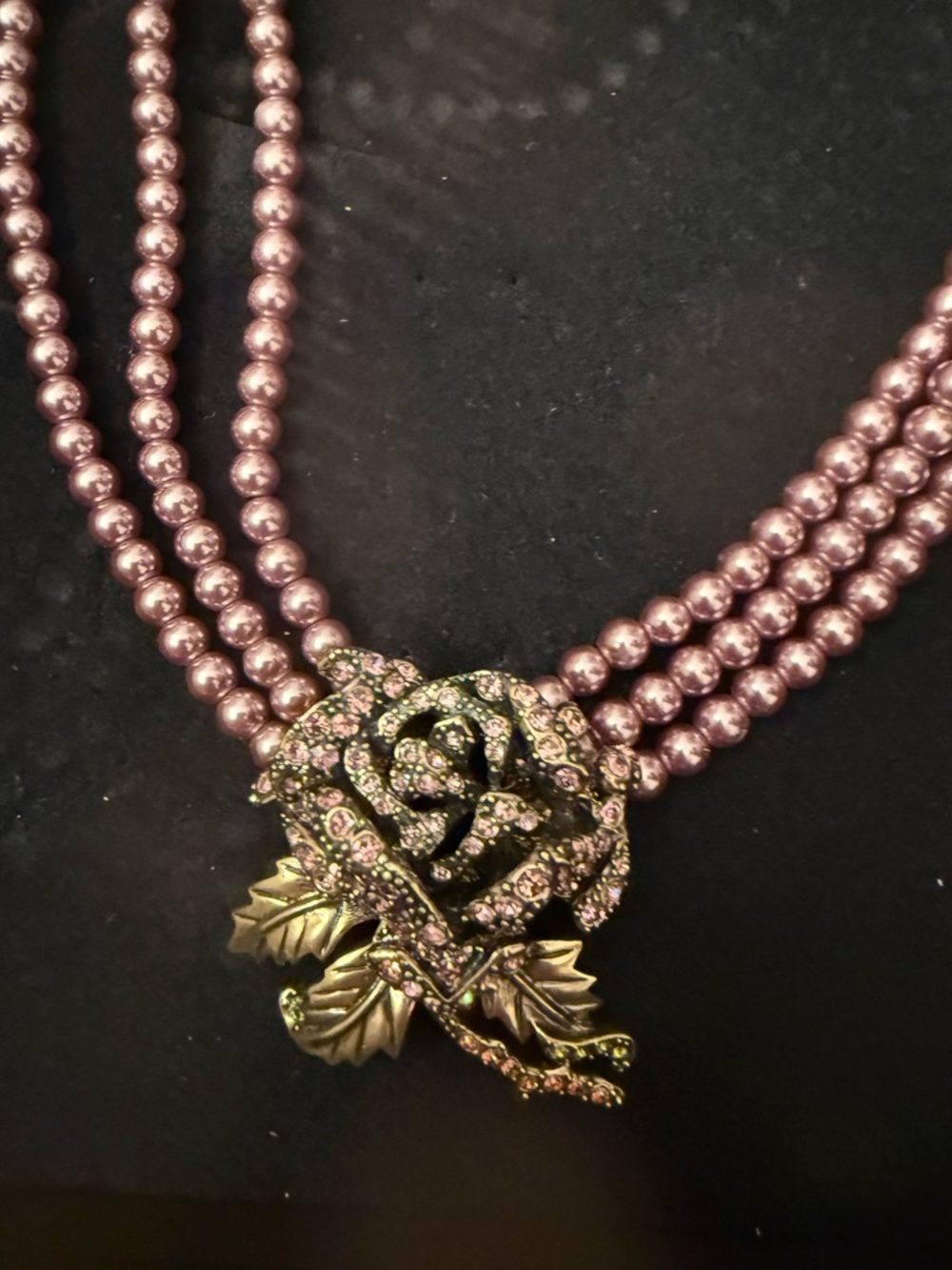 Heidi Daus Triple-Strand Mauve Pearl Necklace with Rose Pendant